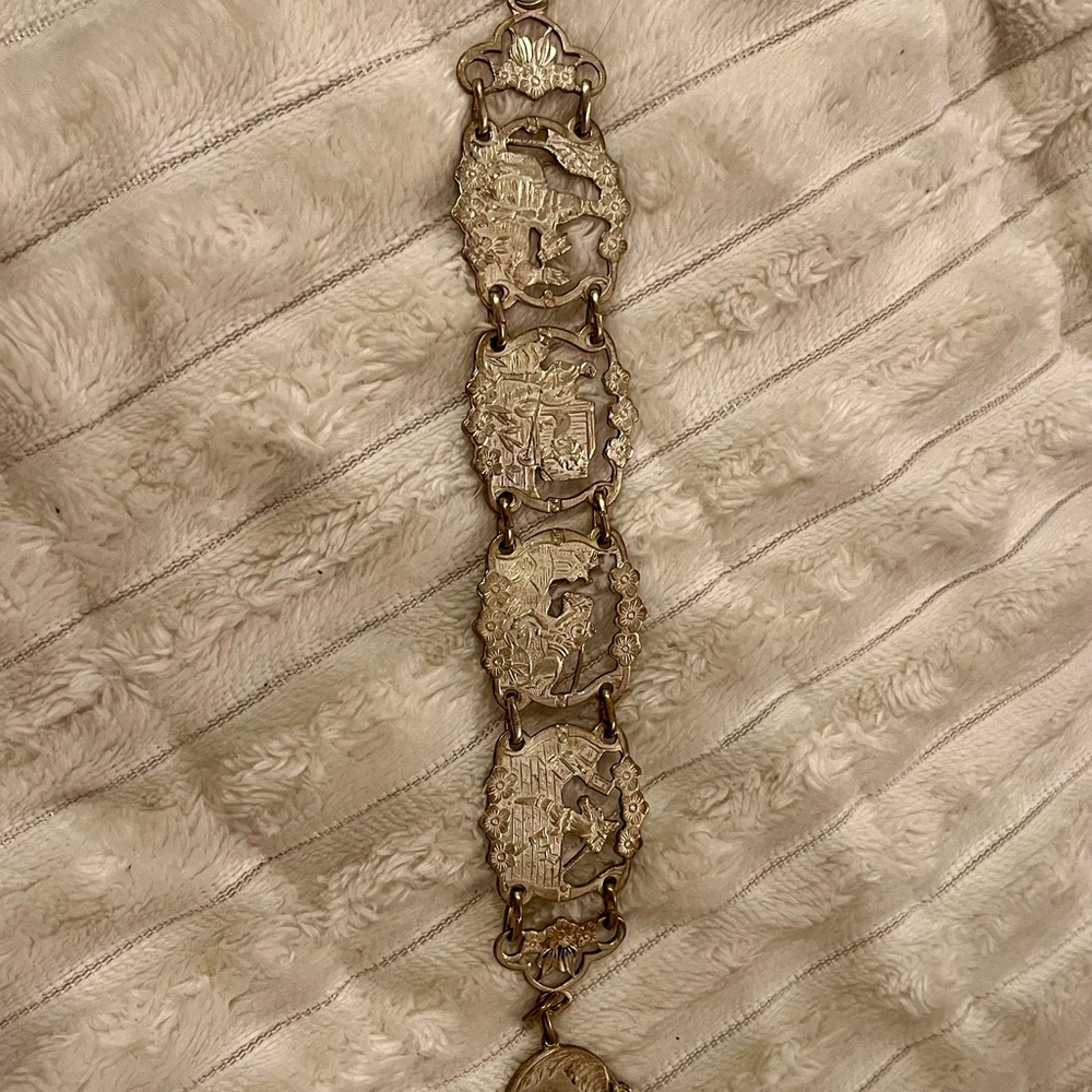 Vintage 1950s Spanish Don Quixote Ornate Link Bracelet - Silver Plated Brass